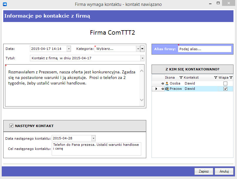 Rysunek 2. Formularz do rejestracji kontaktów handlowych