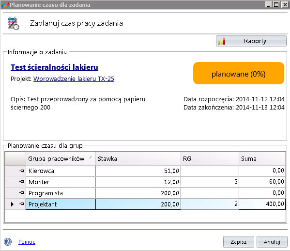 Rysunek 4. Lista RG i koszt realizacji zadania.