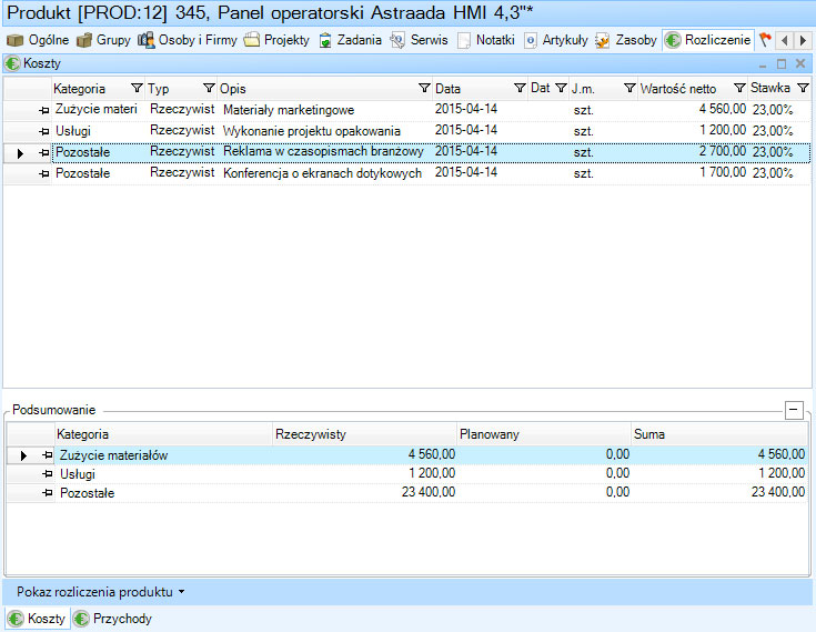 Rysunek 7. Lista kosztów powiązanych z produktem