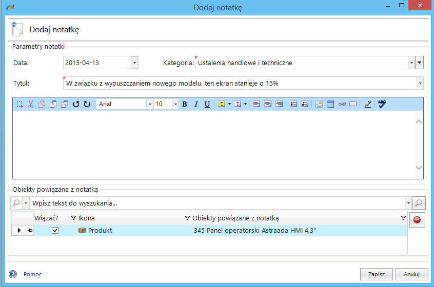 Rysunek 2. Nowa notatka powiązana z produktem